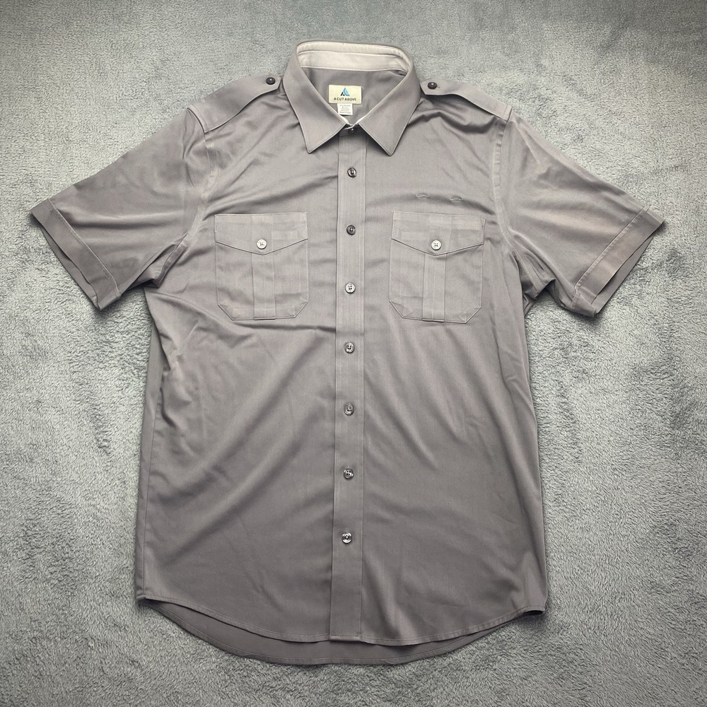 A Cut Above Mens Pilot Shirt 16.5 Tapered Brooks Short Sleeve Button Down Grey